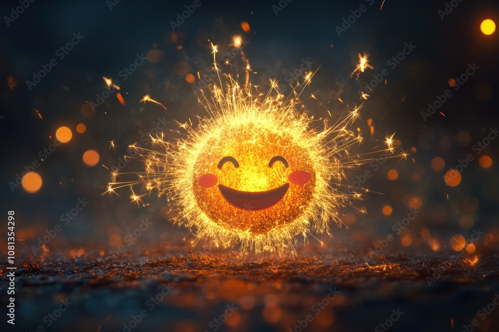 Poster a smiling emoji made of sparkling fireworks against a dark background with bokeh lights.