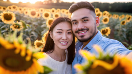 A joyful Asian couple captures a selfie amidst a field of vibrant sunflowers during sunset, radiating happiness and love.