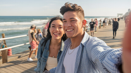 Obraz premium A joyful Hispanic couple captures their fun moment with a selfie on a sunny day at the beach pier, with the ocean waves and bustling crowd in the background.