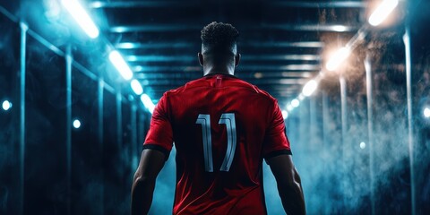 Soccer player walking through stadium tunnel sports venue high-contrast photography dramatic lighting rear view athletic journey