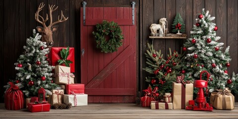 Festive christmas decor with rustic red barn door backdrop cozy indoor photography setup holiday spirit warm atmosphere