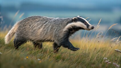 A Badger Walks Through Tall Grass in a Serene Meadow During Early Evening Light. Generative AI