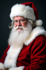 Fototapeta premium A cheerful figure dressed as Santa Claus poses warmly, showcasing a flowing white beard and traditional festive attire, embodying holiday spirit - Generative AI