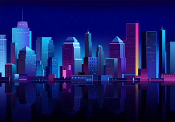 Futuristic cityscape on a dark background with water reflex and glowing neon purple and blue lights.