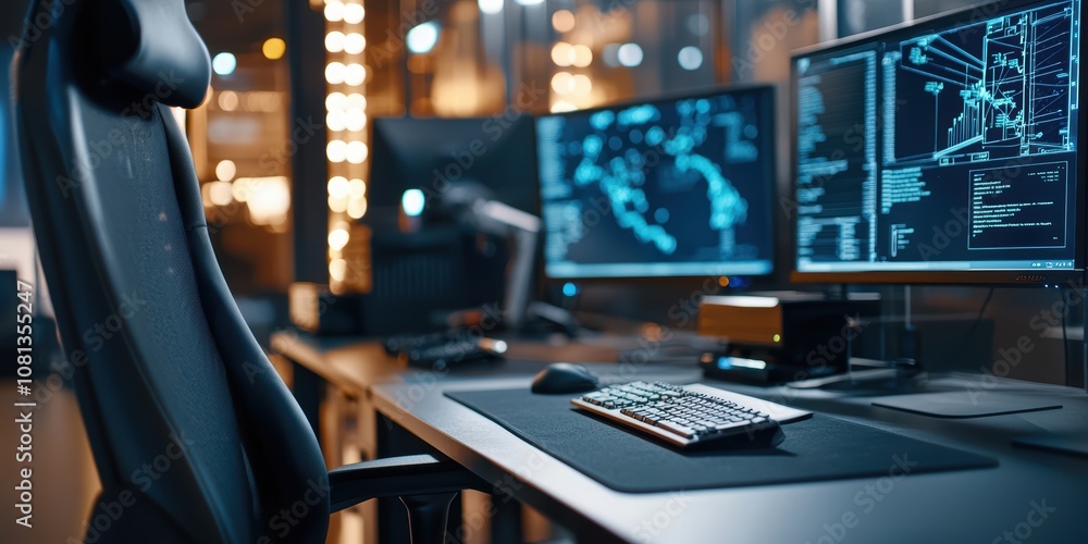 Poster monitoring room security system action control room workstation setup technology environment profess