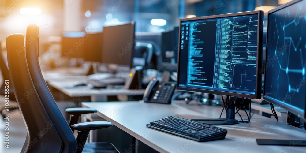 Poster monitoring security systems in control room workstation high-tech environment with multiple monitors