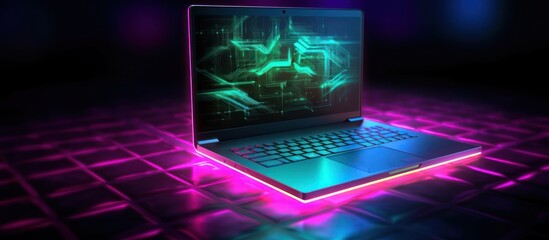 Modern laptop with glowing green and pink lights on black surface.