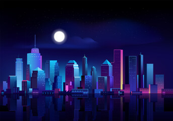 Futuristic cityscape on a dark background with water, full moon,  glowing neon purple and blue lights.