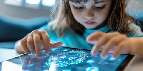 School child engaging with a tablet featuring digital hologram technology classroom environment focused learning experience
