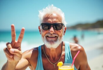 Cheerful elderly man having drink on beach while making peace sign and enjoying his retirement