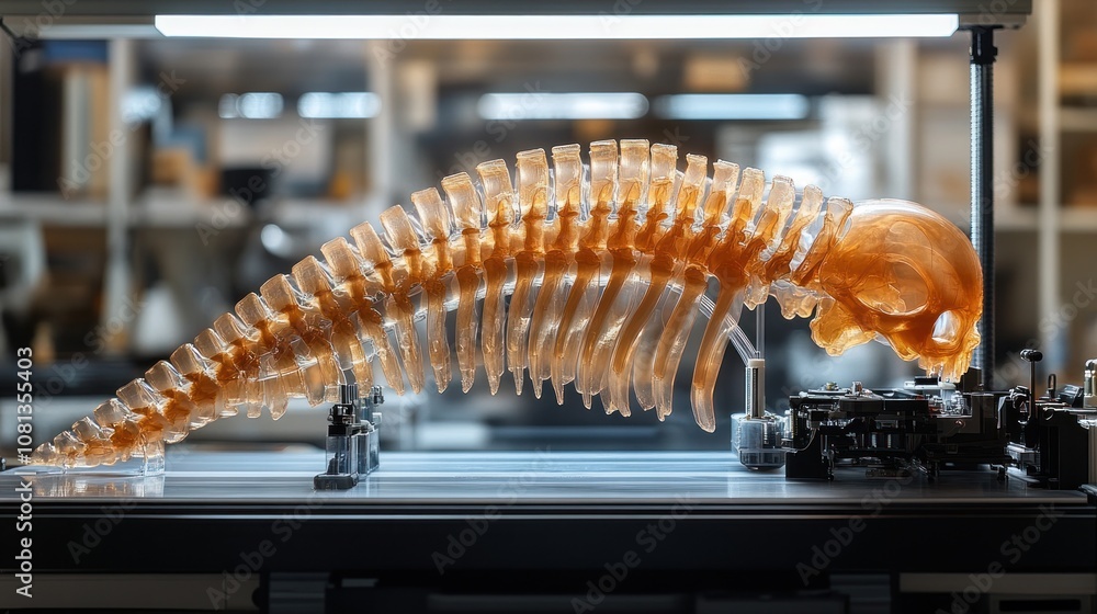 Poster transparent spine model displayed in a laboratory setting.