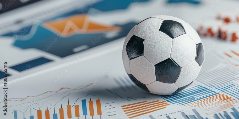 Poster soccer ball on financial growth charts business analysis graphical data representation modern office