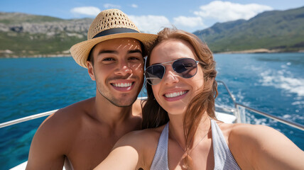 A young multiracial couple enjoys a sunny day on a boat, smiling brightly against a backdrop of clear blue water and mountains.