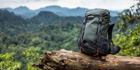 Adventure travel backpack on a forest log against the backdrop of majestic mountains and lush greenery