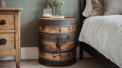 Rustic wooden side table in cozy bedroom setting