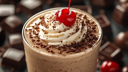 Close-up of a chocolate milkshake topped with whipped cream, chocolate shavings, and a cherry.