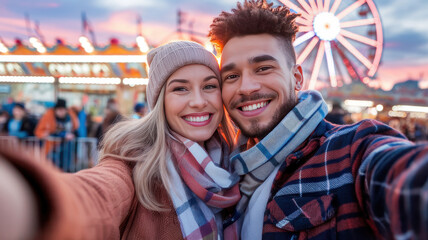 A joyful interracial couple, a Hispanic man and a Caucasian woman, smiling together at a vibrant fairground during sunset, with a Ferris wheel in the background.