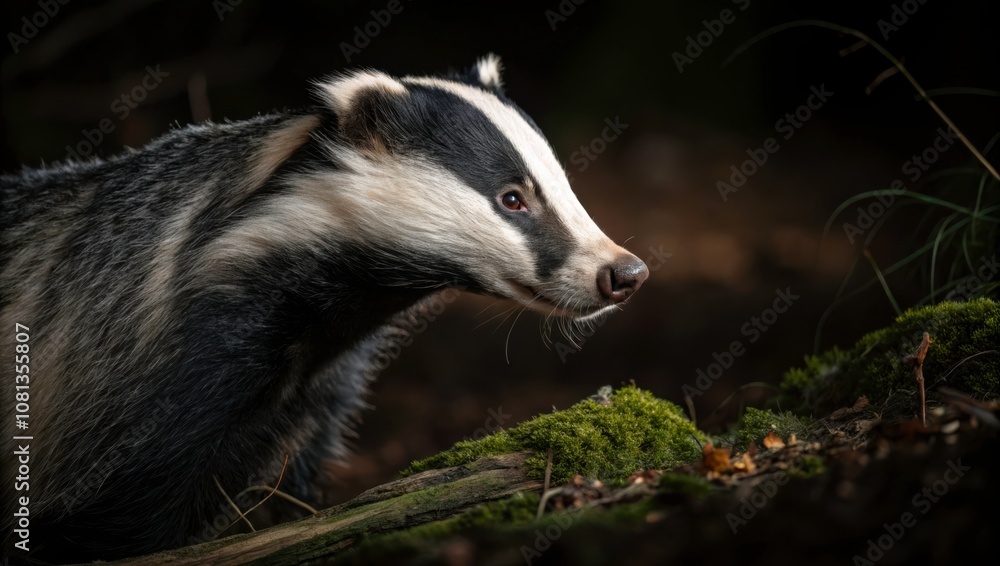 Poster close-up of a european badger exploring a dark forest environment at night. generative ai