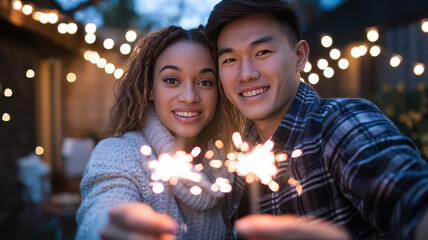 A joyful biracial couple, a young woman with curly hair and a young man with straight hair, celebrating with sparklers in a warmly lit outdoor setting.