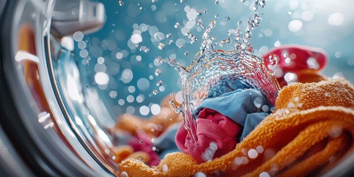 Washing clothes action laundry room close-up image water droplets environment dynamic viewpoint freshness concept