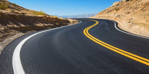 Winding journey through arid desert landscape scenic road nature photography bright sunshine aesthetic perspective for travel enthusiasts