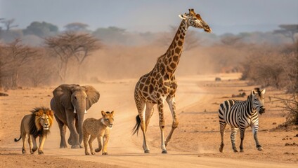 Obraz premium African Safari Animals Including Giraffe, Lions, Elephants, and Zebra Walking Together on a Dusty Road. Generative AI