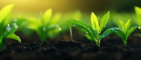 Green sprouts growing in soil.