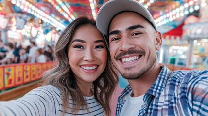 Naklejka premium A happy mixed-ethnicity couple smiles for a selfie at a vibrant carnival, surrounded by colorful lights and joyful faces in the background.