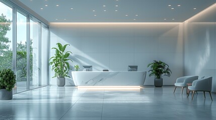 Modern Hospital Reception with Glass Walls and Natural Lighting