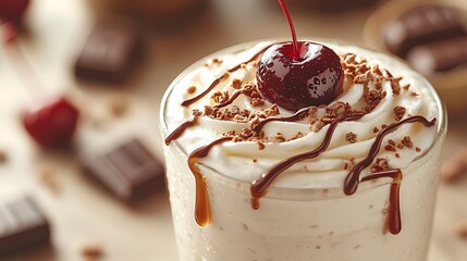 Close-up of a chocolate milkshake topped with whipped cream, chocolate syrup, chocolate shavings, and a maraschino cherry.