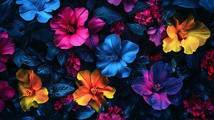 A striking wallpaper showcasing glowing neon flowers with vibrant colors against a dark background for a high-contrast effect 
