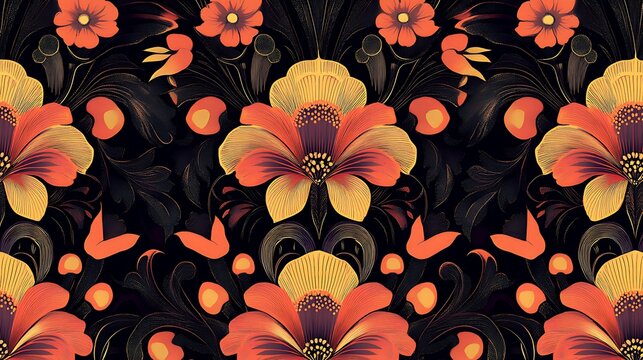 A sophisticated pattern featuring symmetrical flowers and bold lines characteristic of the Art Deco era 
