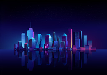 Futuristic cityscape on a dark background with water reflex and glowing neon purple and blue lights.