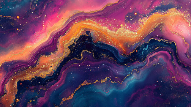 Abstract background: swirling orange, pink, blue patterns with golden cosmic flecks.