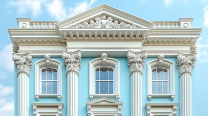 Obraz premium Ornate blue building facade with classical architectural details.