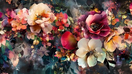 An eclectic design featuring overlapping floral elements of different sizes and styles creating a rich, dynamic pattern 
