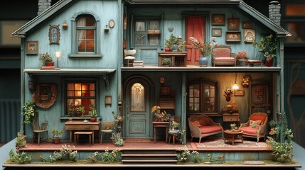 Obraz premium Dollhouse with miniature furniture and textured wallpaper.