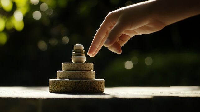 A hand hovers over a stacked tower of stones.  A moment of quiet contemplation.