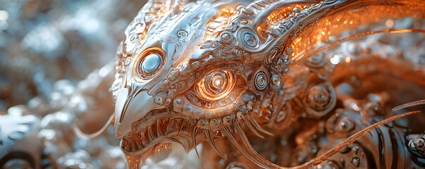 Fototapeta premium Close-up of a Metallic Dragon's Head with Glowing Eyes, a Detailed 3D Render with an Abstract, Biomechanical Style