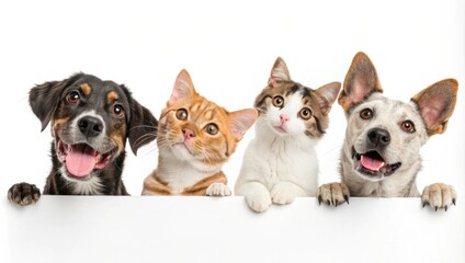 Obraz premium Adorable Dogs and Cats With Paws up in Playful Poses Against a Bright White Background. Generative AI