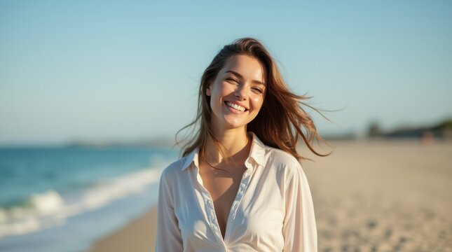 Happy Young Woman Enjoying a Sunny Day on Jurere Beach in Florianopolis, Santa Catarina Island. Generative AI