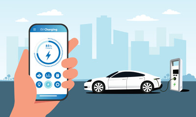 Electric car application. Ev charging. Electric car in a charging station with a cityscape background and smartphone app
