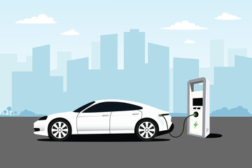 Electric car in a charging station. Vector illustration concept, green energy, electric ev automobility