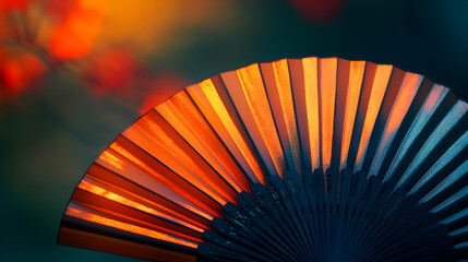 A Close-Up of a  Folding Fan with an Orange and Blue Color Gradient, Illuminated by Warm Light