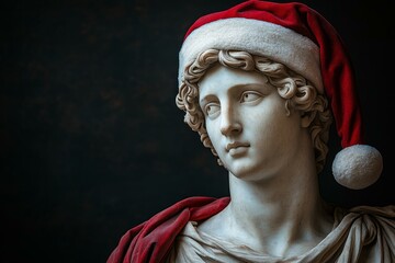 Classical marble statue wearing Santa hat for festive holiday theme against dark background