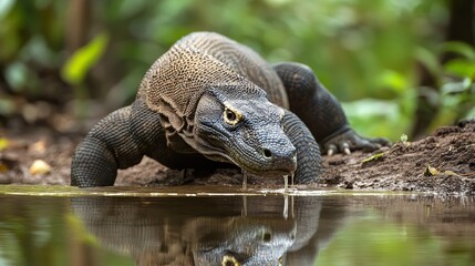 Obraz premium A Komodo dragon, a large lizard native to Indonesia, drinks water from a puddle in a lush green forest.