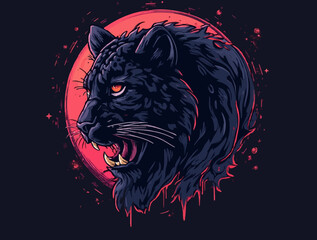 Stylized digital illustration of a black panther with fierce expression and sharp teeth, on a dark background with a purple and pink gradient.