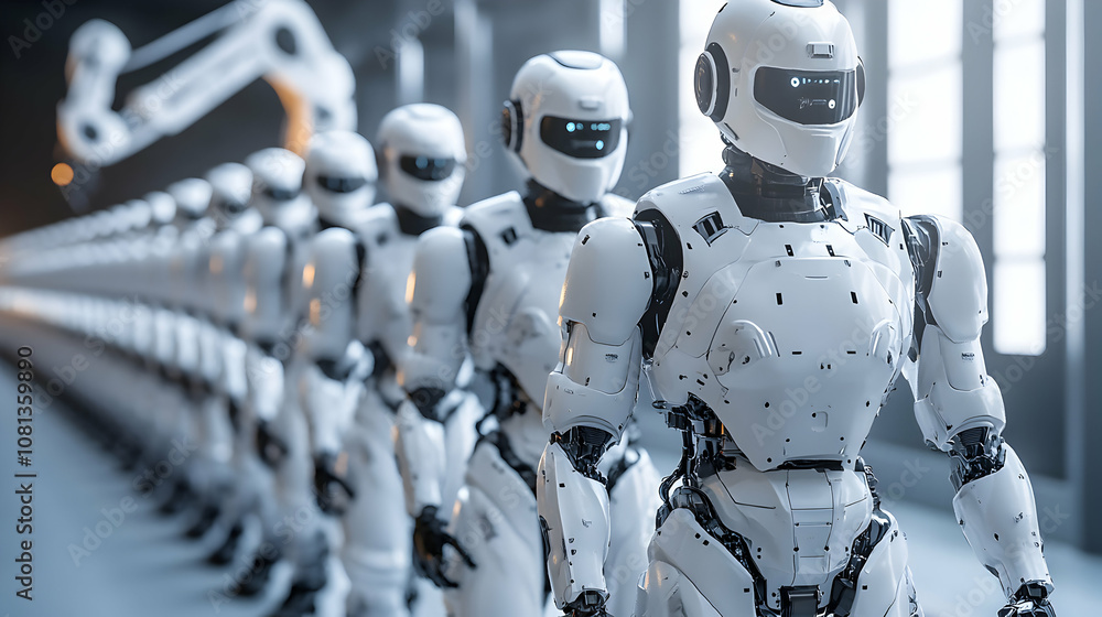 Poster a line of white humanoid robots standing in a factory, ready for work, demonstrating the potential o