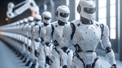 A line of white humanoid robots standing in a factory, ready for work, demonstrating the potential of automation in modern manufacturing.