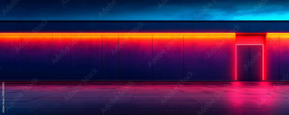 Poster a 3d render of a doorway in an empty urban space illuminated by neon lights